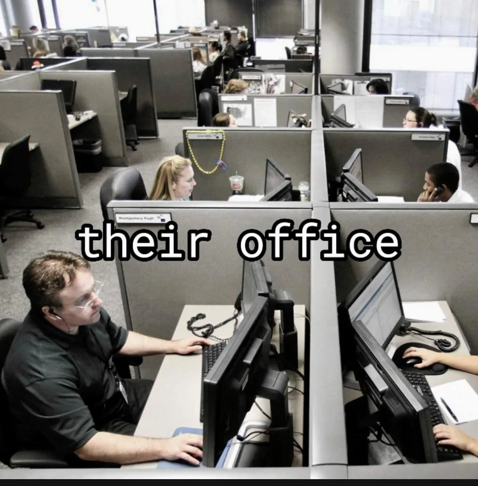 Rows of office cubicles with the caption “their office”